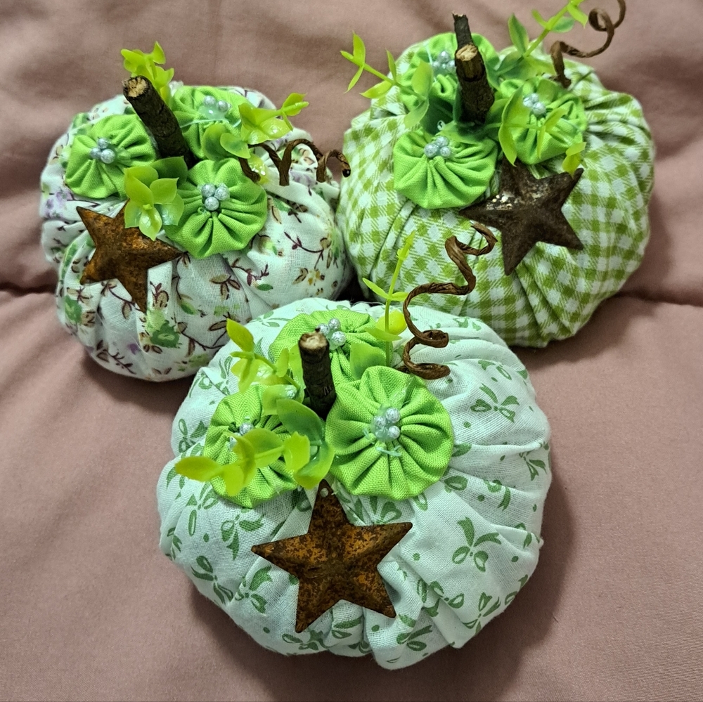 Set of Three Green Fabric Pumpkins 13" Around (HANDMADE)